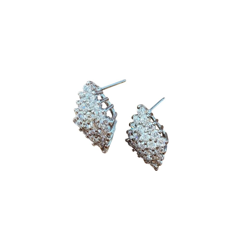 Vintage JJT Earrings CZ Cluster Rhodium Bridal Wedding Silver Tone 0.5 inch